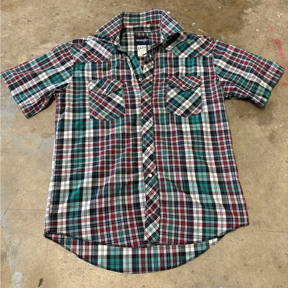 Wrangler Western Shirt Mens Pearl Snap Plaid Short Sleeve Cowboy Rodeo Size M